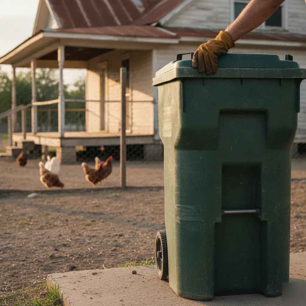 Trash bin pickup at a rural farmhouse property near Axtell, TX