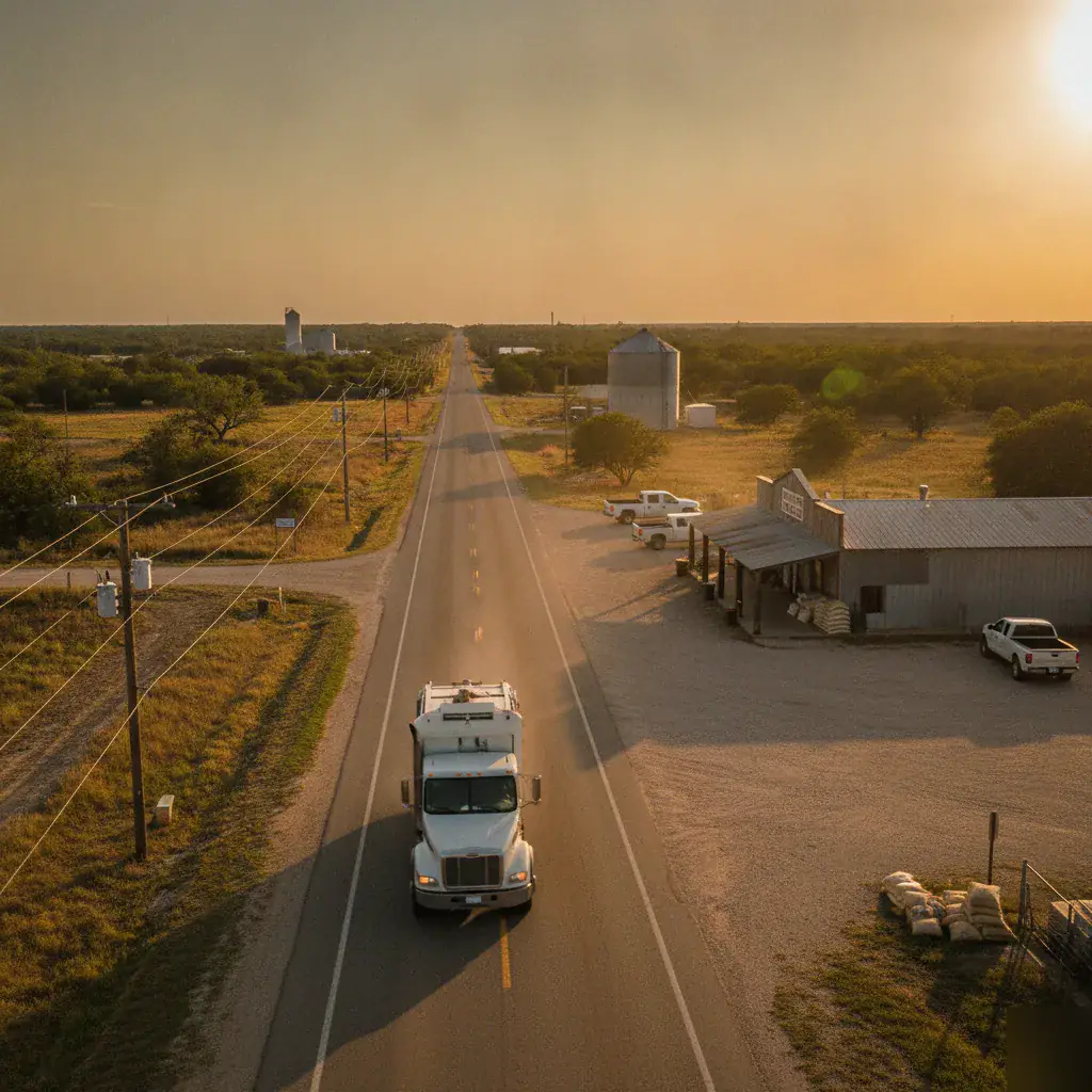 Waste management truck on a farm-to-market road near Axtell, TX