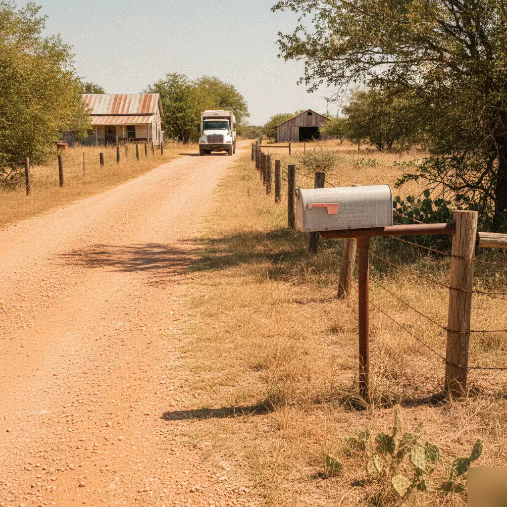 Waste management truck on a rural road near an Axtell, TX driveway